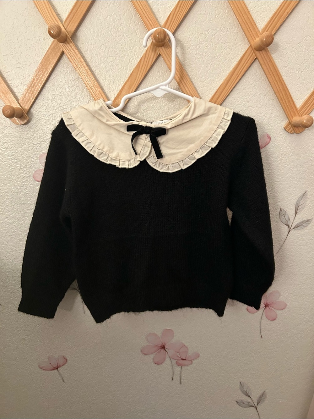 Zara Black Sweater with Cream Ruffled Collar and Bow